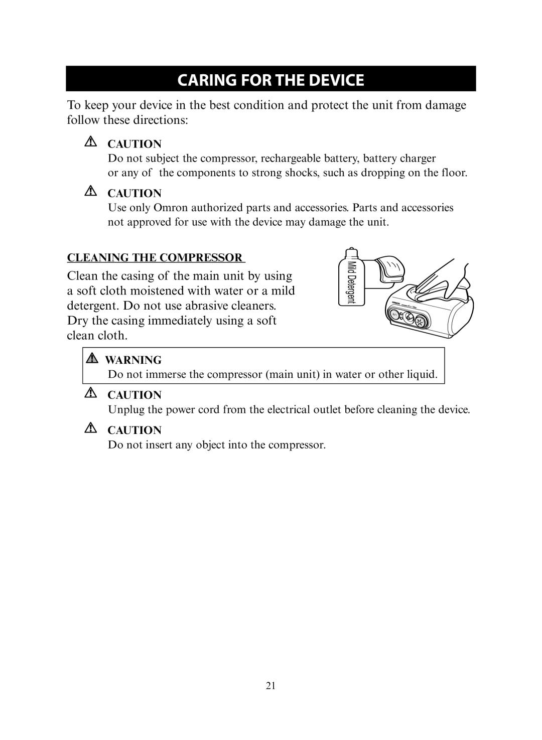 Omron Healthcare NE-C30 instruction manual Caring for the Device 