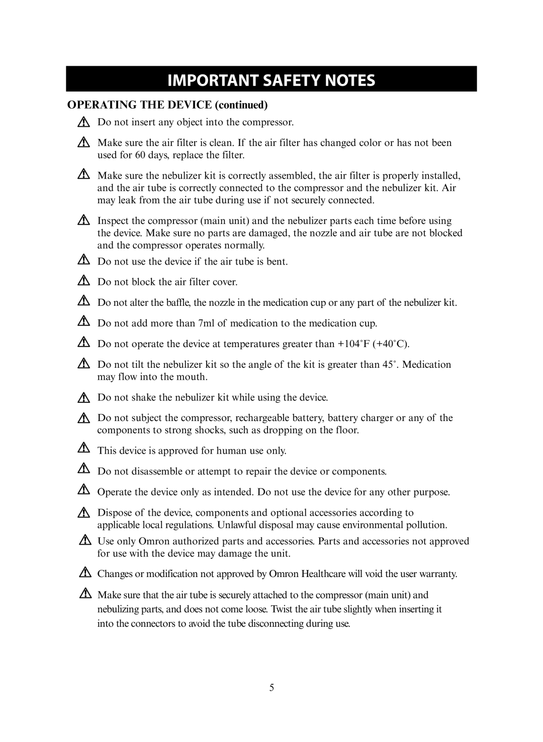 Omron Healthcare NE-C30 instruction manual Important Safety Notes, Operating the Device 