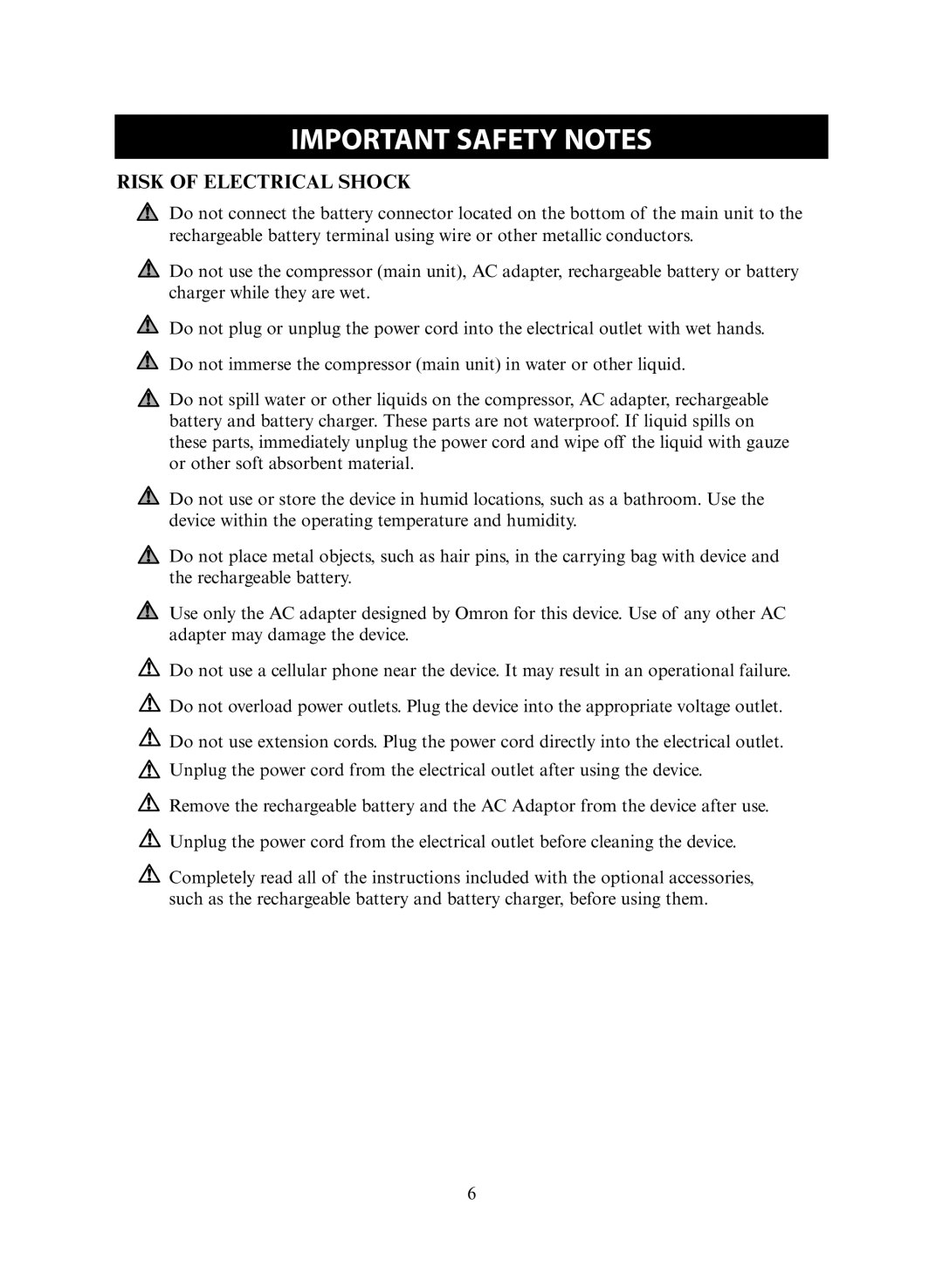 Omron Healthcare NE-C30 instruction manual Risk of Electrical Shock 