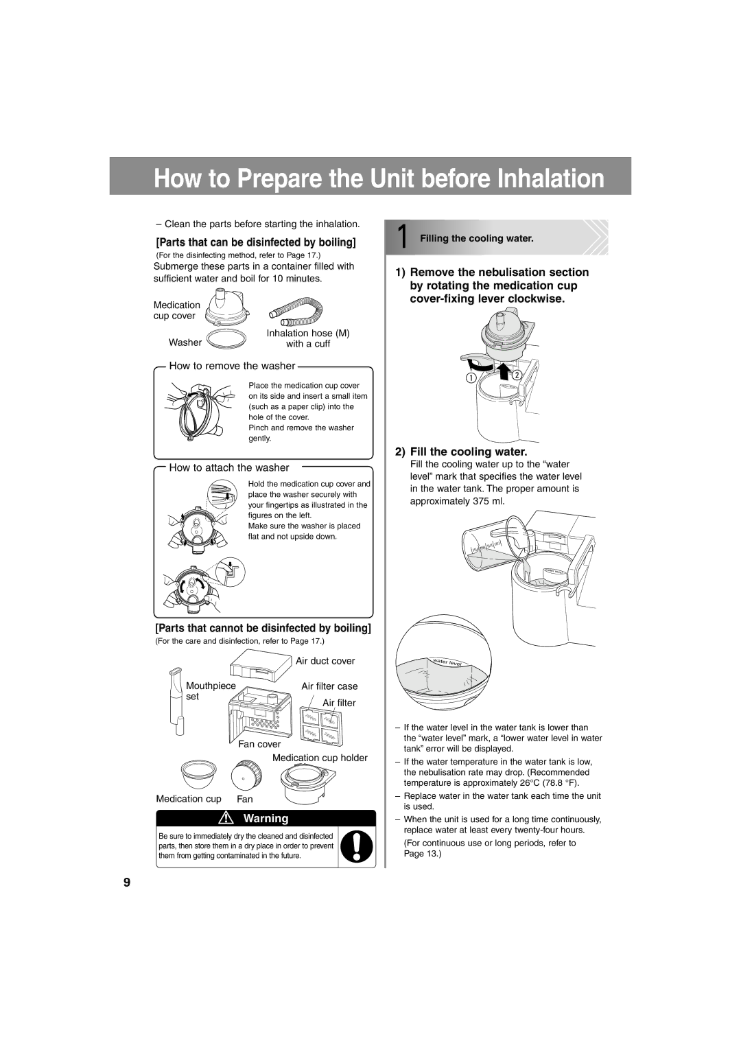 Omron Healthcare NE-U17 instruction manual Parts that can be disinfected by boiling, Fill the cooling water 