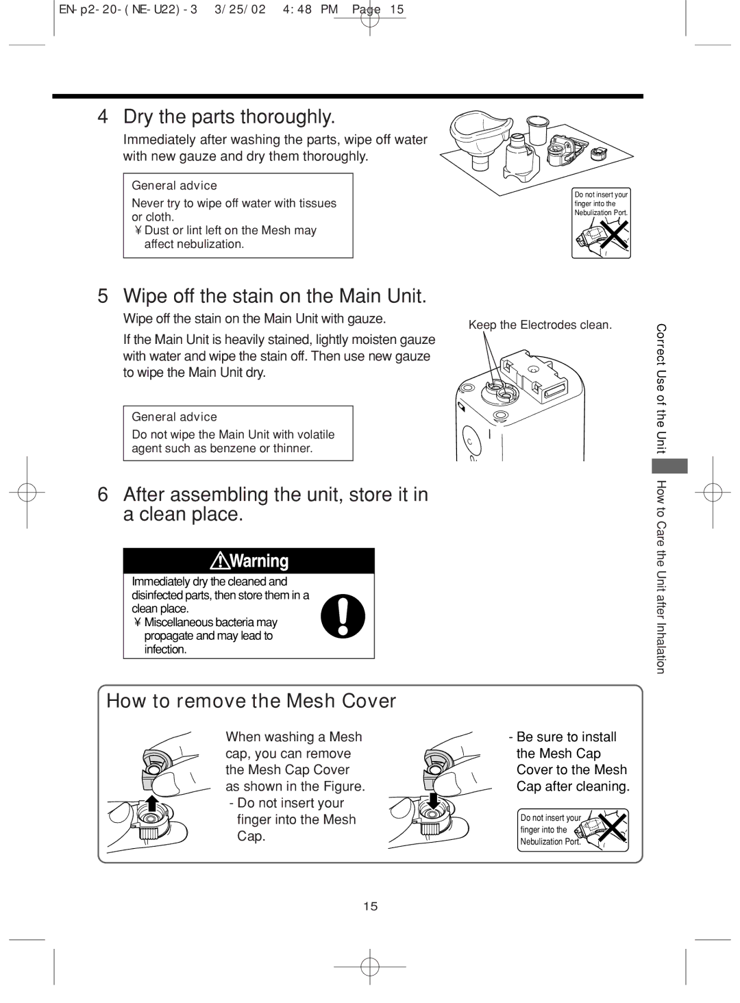 Omron Healthcare NE-U22 instruction manual Dry the parts thoroughly, Wipe off the stain on the Main Unit 