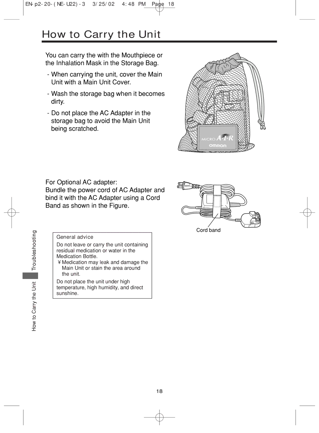 Omron Healthcare NE-U22 instruction manual How to Carry the Unit 