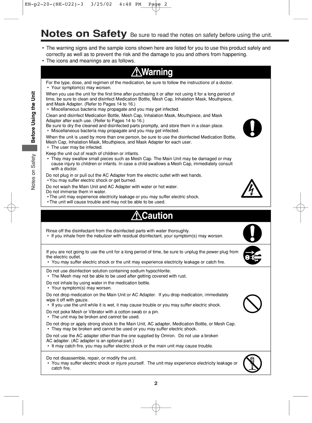 Omron Healthcare NE-U22 instruction manual Icons and meanings are as follows 