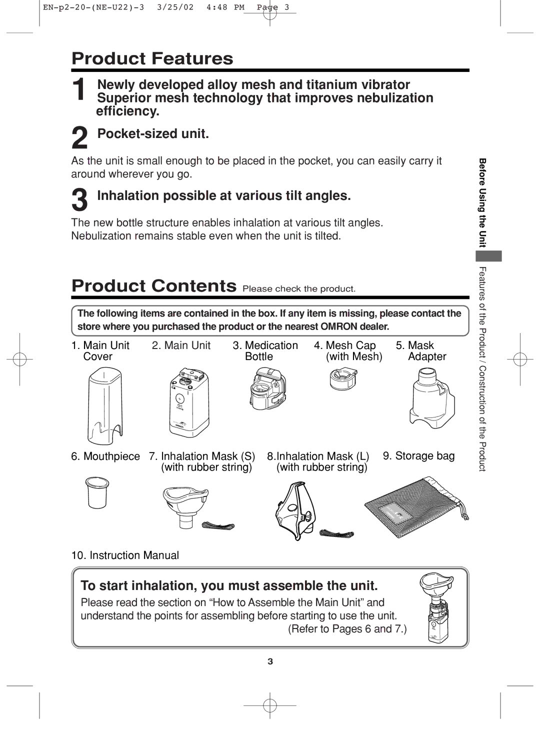 Omron Healthcare NE-U22 instruction manual Product Features, Inhalation possible at various tilt angles 