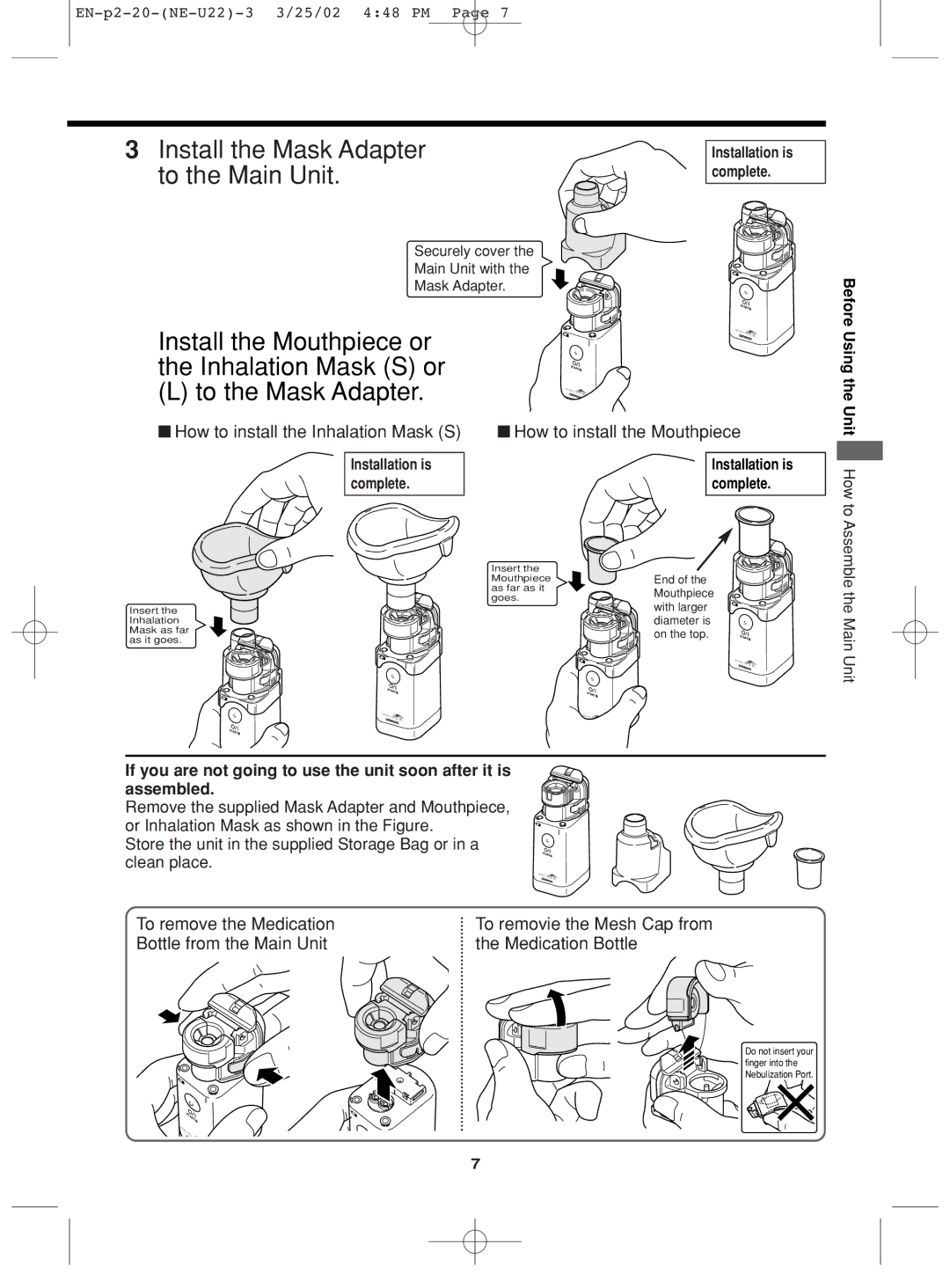 Omron Healthcare NE-U22 instruction manual Install the Mask Adapter to the Main Unit, To remove the Medication 