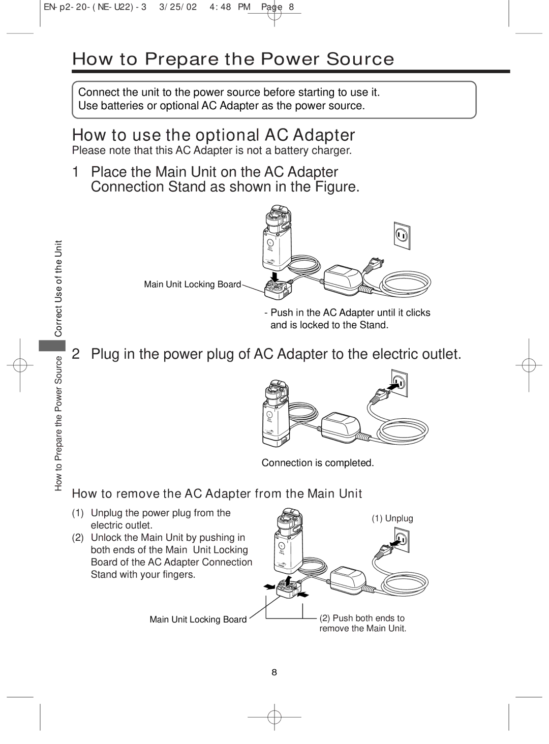 Omron Healthcare NE-U22 instruction manual How to Prepare the Power Source, How to use the optional AC Adapter 