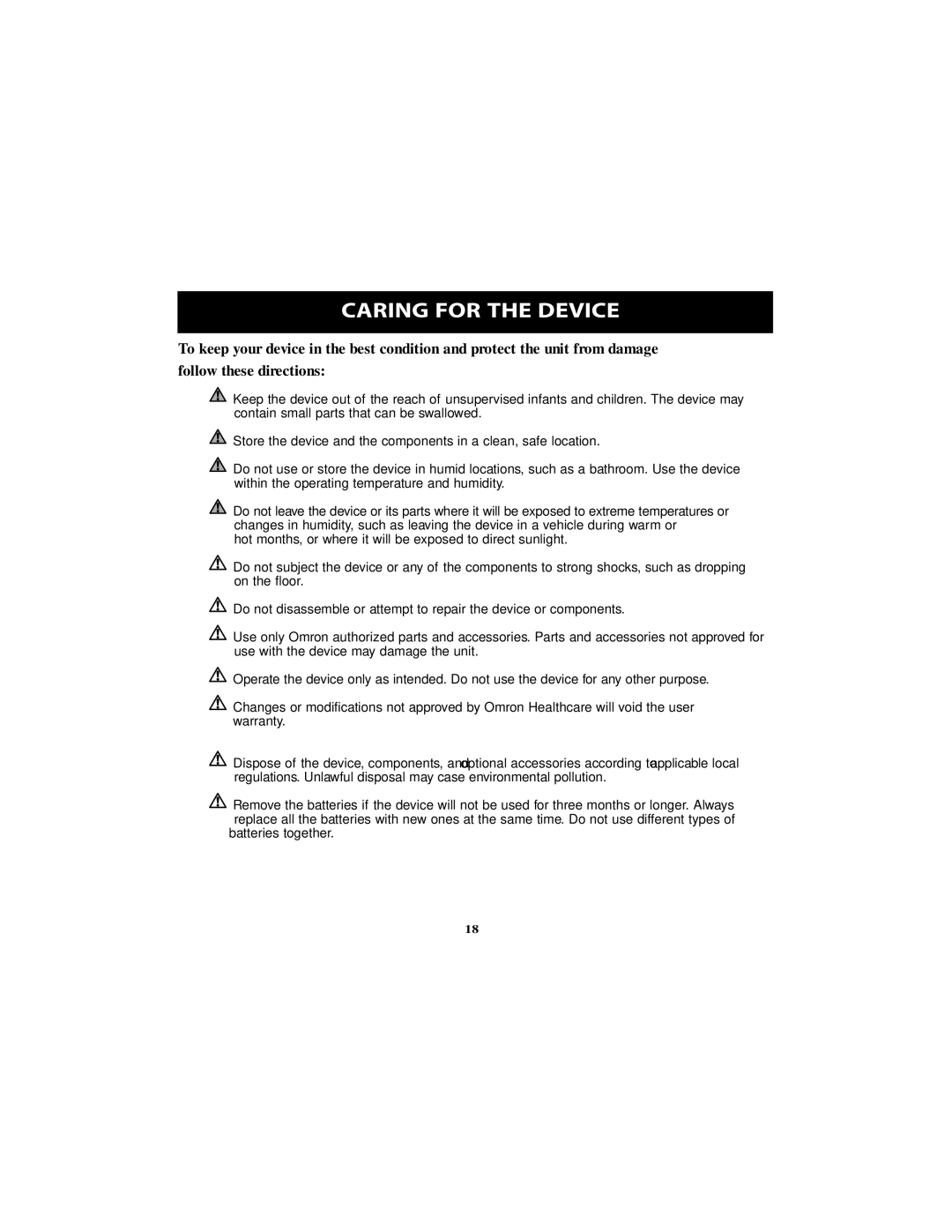 Omron Healthcare NE-U22V instruction manual Caring for the Device 