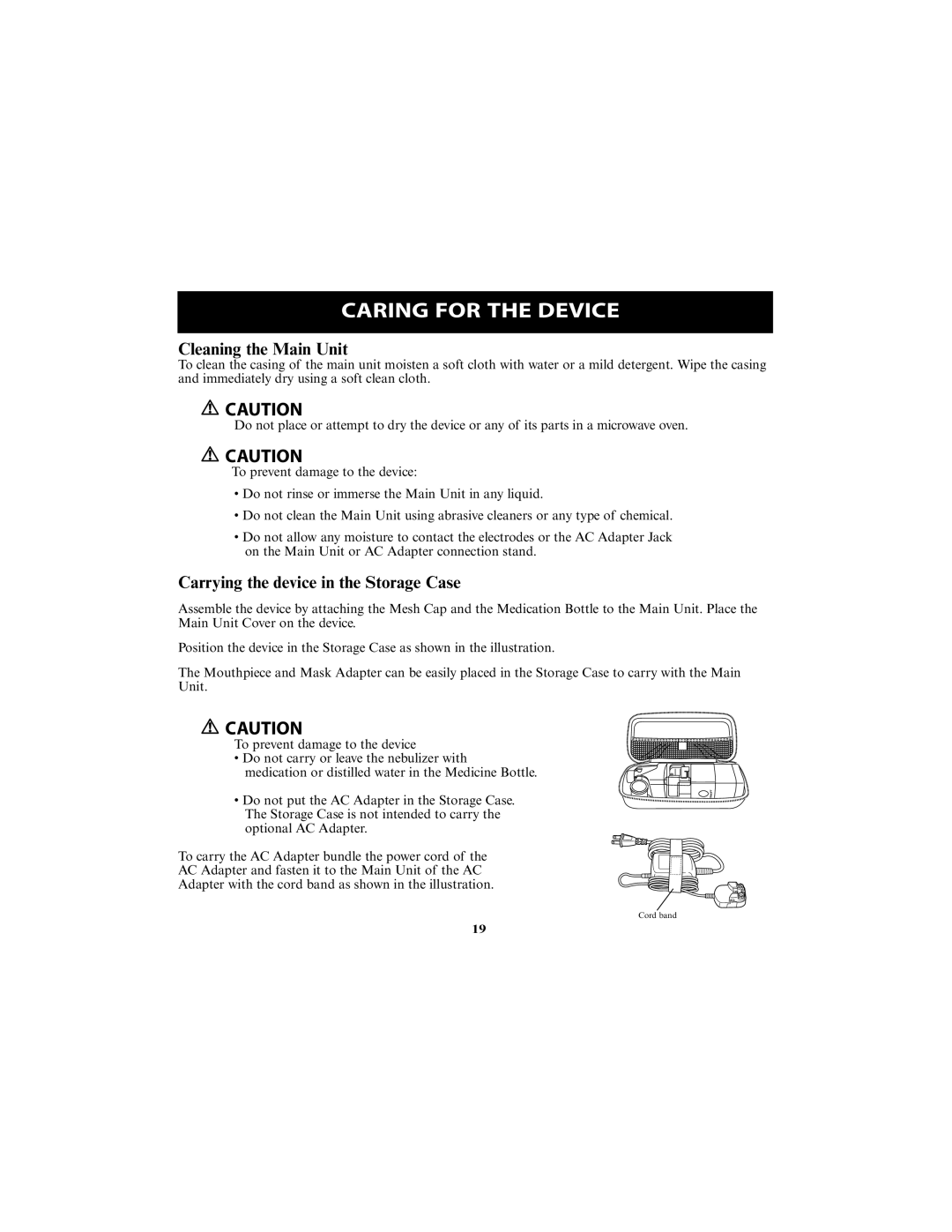 Omron Healthcare NE-U22V instruction manual Cleaning the Main Unit, Carrying the device in the Storage Case 