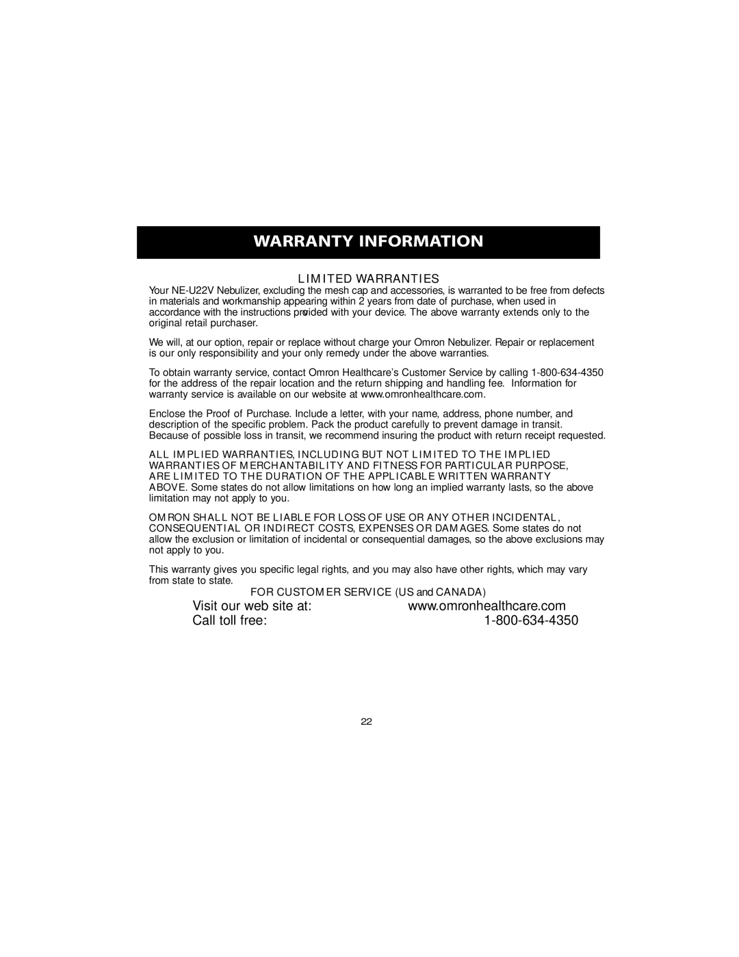 Omron Healthcare NE-U22V instruction manual Warranty Information, Limited Warranties 