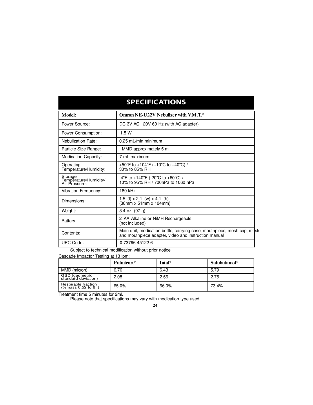 Omron Healthcare Specifications, Model Omron NE-U22V Nebulizer with V.M.T, Pulmicort Intal Salubutamol 