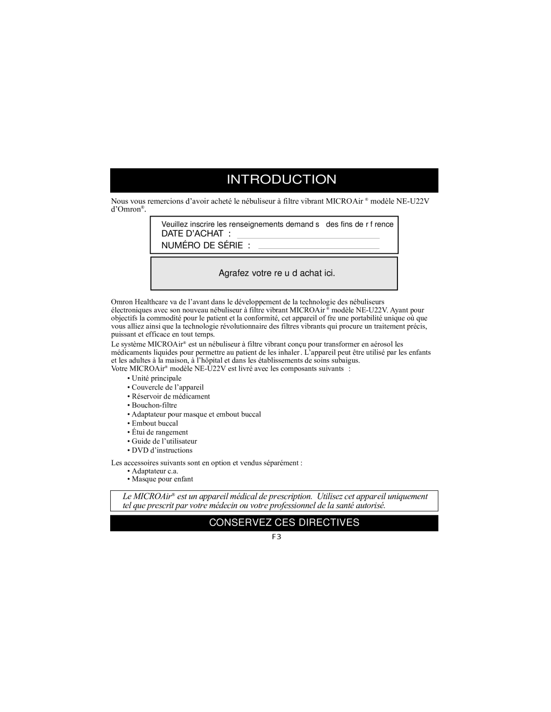 Omron Healthcare NE-U22V instruction manual Conservez CES Directives 