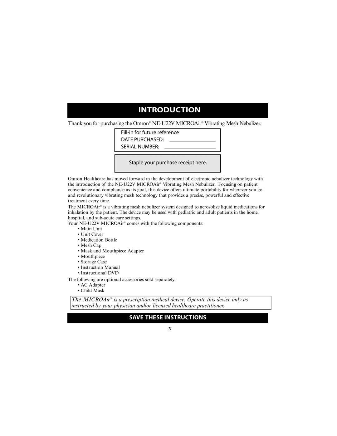 Omron Healthcare NE-U22V instruction manual Introduction, Date Purchased Serial Number 