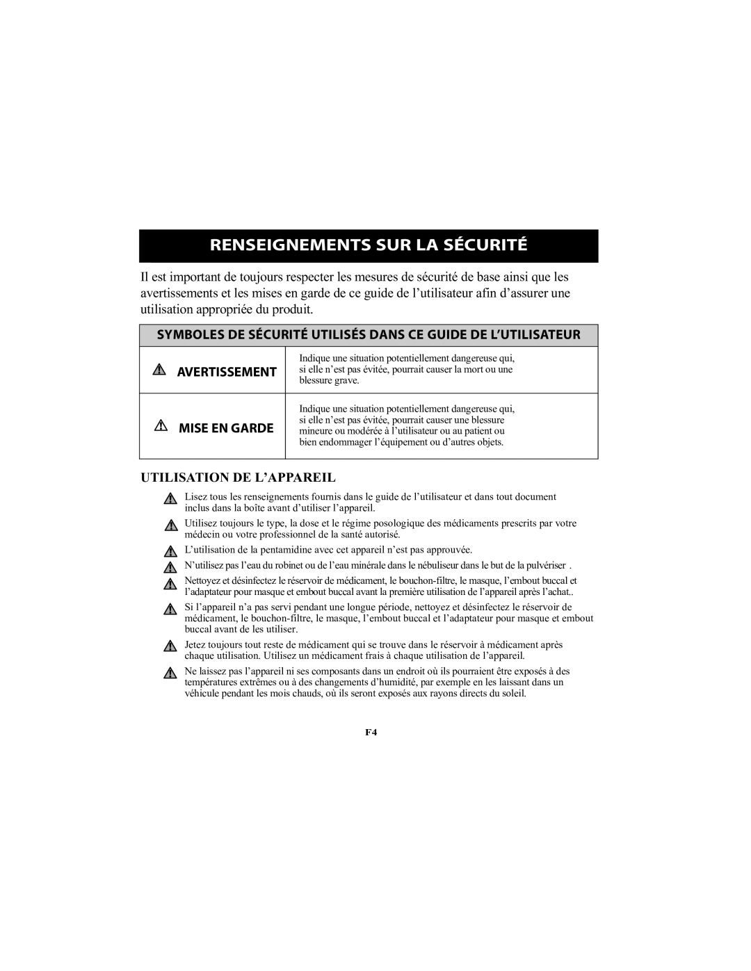 Omron Healthcare NE-U22V instruction manual Renseignements SUR LA Sécurité, Utilisation DE L’APPAREIL 