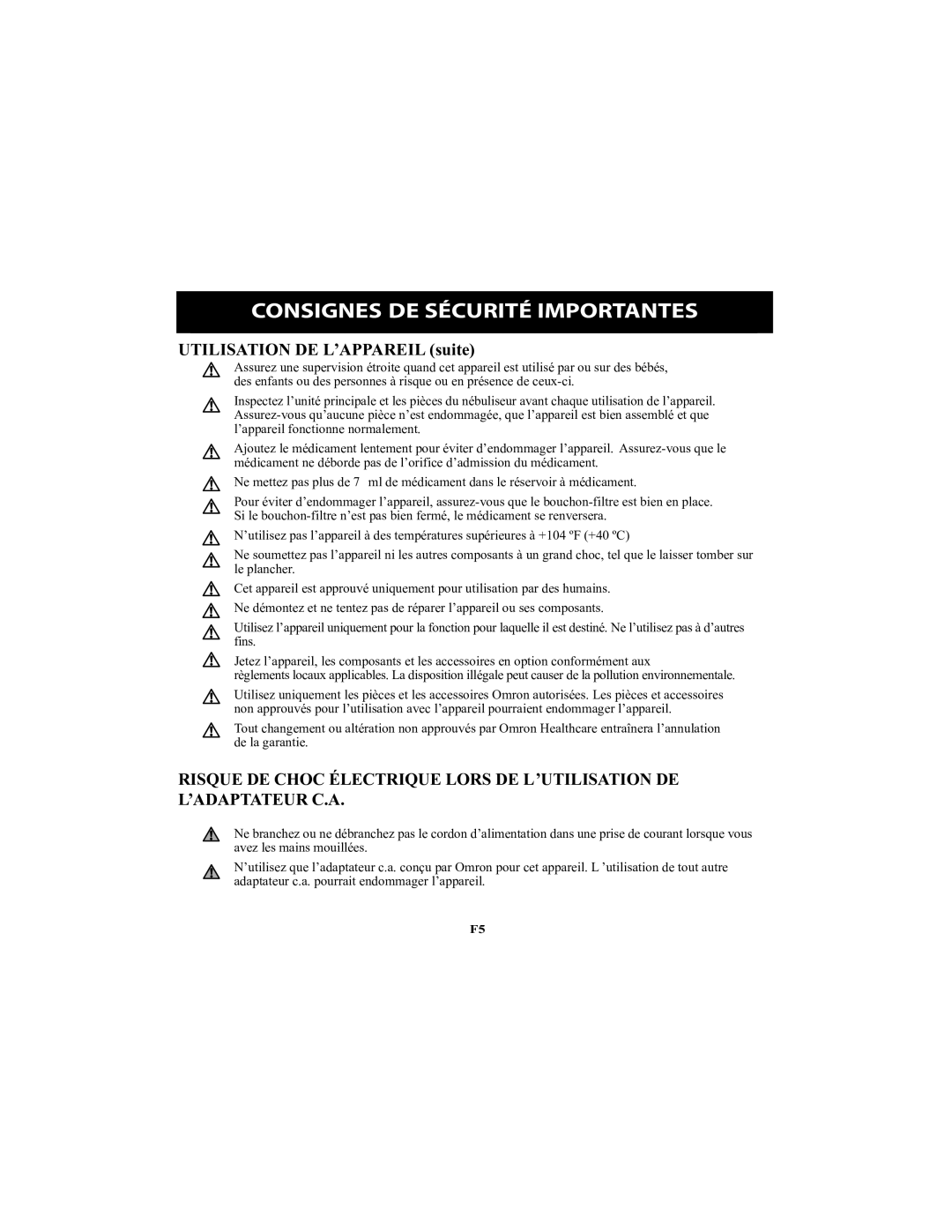 Omron Healthcare NE-U22V instruction manual Consignes DE Sécurité Importantes, Utilisation DE L’APPAREIL suite 