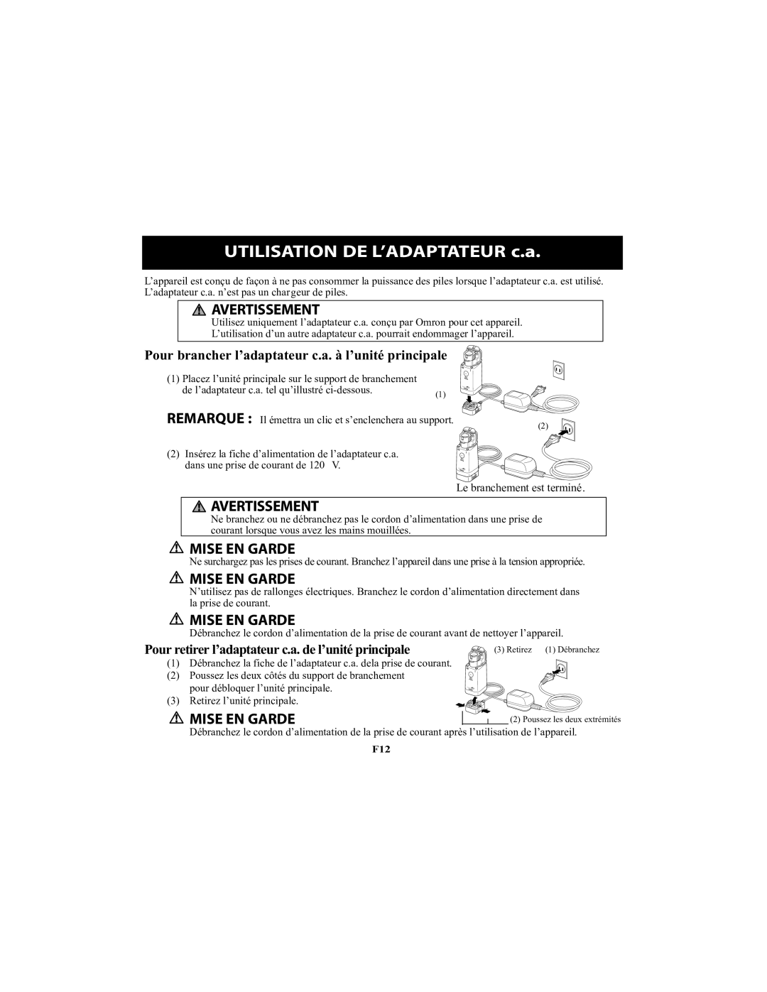 Omron Healthcare NE-U22V instruction manual Pour brancher l’adaptateur c.a. à l’unité principale 