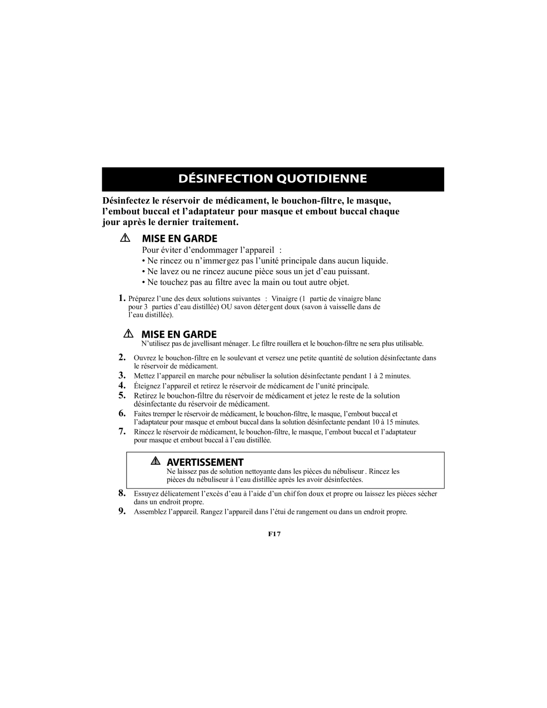 Omron Healthcare NE-U22V instruction manual Désinfection Quotidienne 