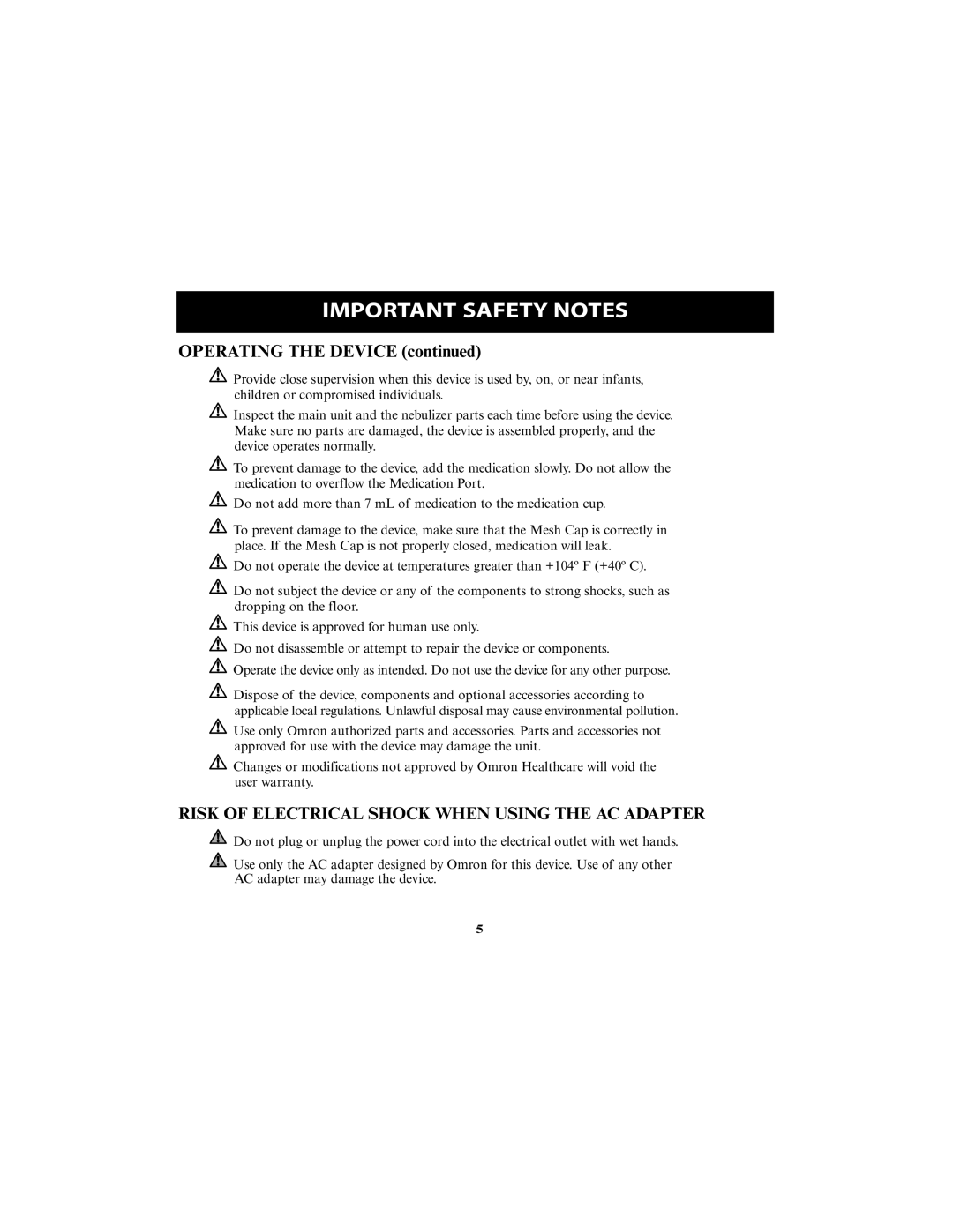 Omron Healthcare NE-U22V Important Safety Notes, Operating the Device, Risk of Electrical Shock When Using the AC Adapter 