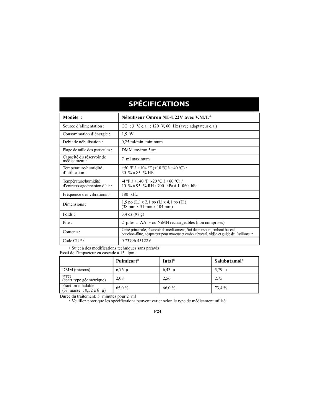 Omron Healthcare instruction manual Spécifications, Modèle Nébuliseur Omron NE-U22V avec V.M.T 