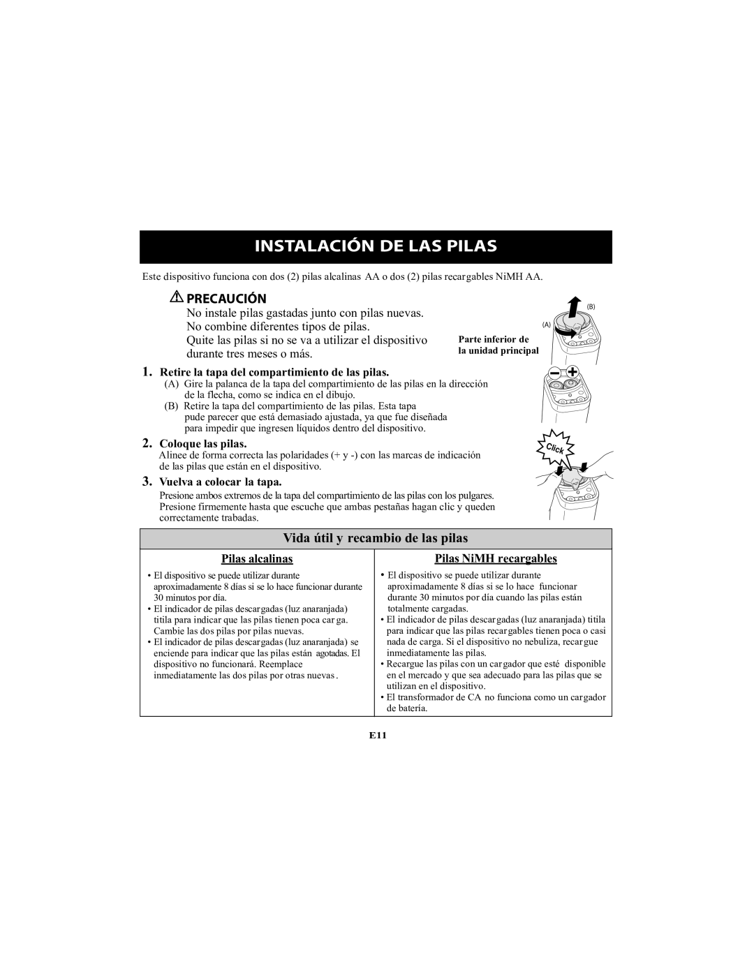 Omron Healthcare NE-U22V instruction manual Instalación DE LAS Pilas, Vida útil y recambio de las pilas 