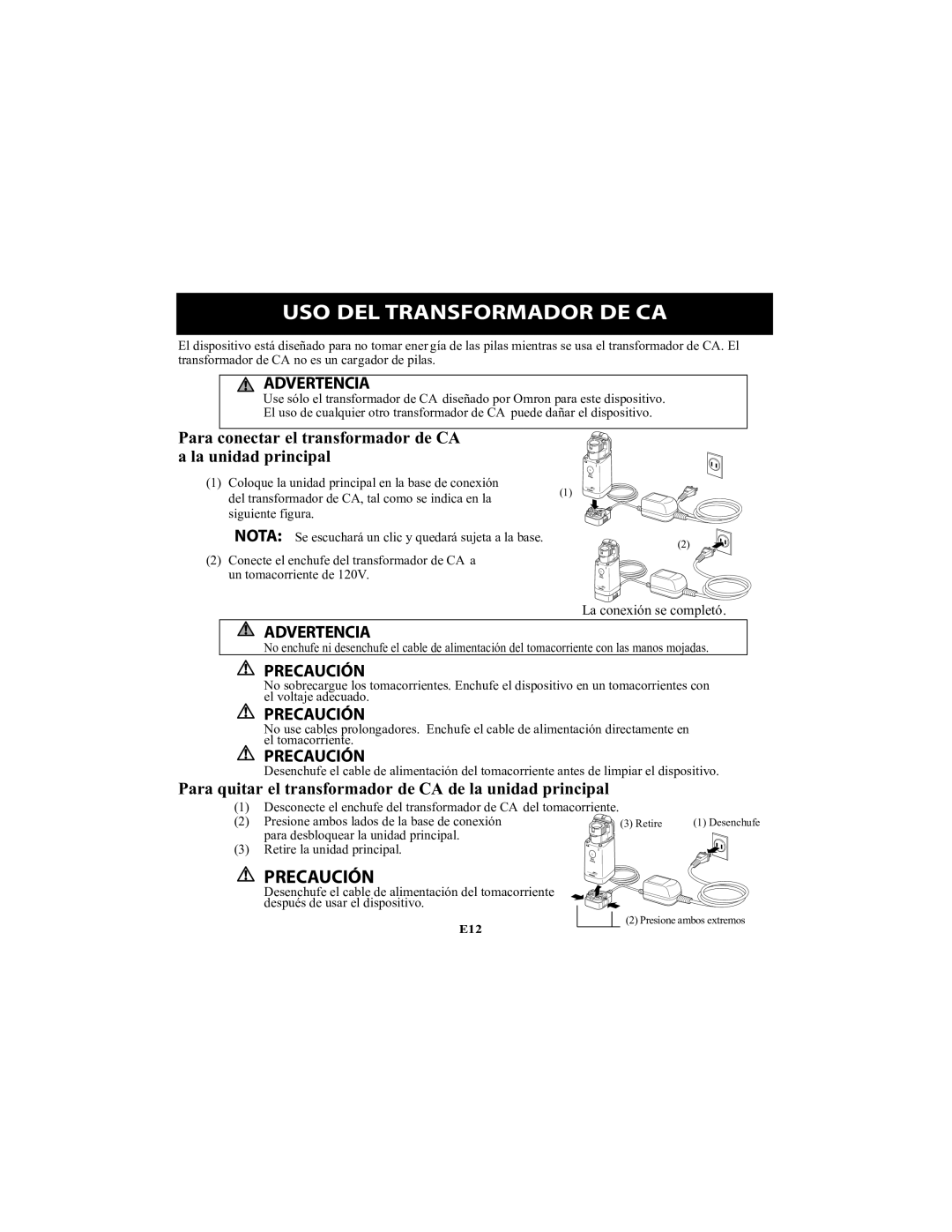 Omron Healthcare NE-U22V USO DEL Transformador DE CA, Para conectar el transformador de CA a la unidad principal 