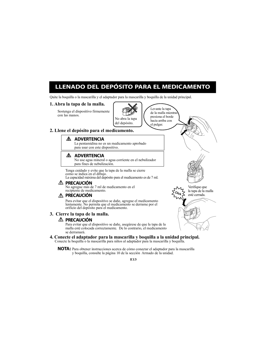 Omron Healthcare NE-U22V Llenado DEL Depósito Para EL Medicamento, Abra la tapa de la malla, Cierre la tapa de la malla 