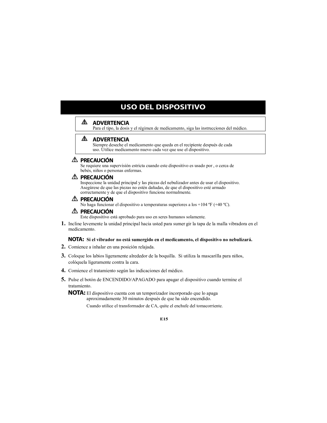 Omron Healthcare NE-U22V instruction manual USO DEL Dispositivo 