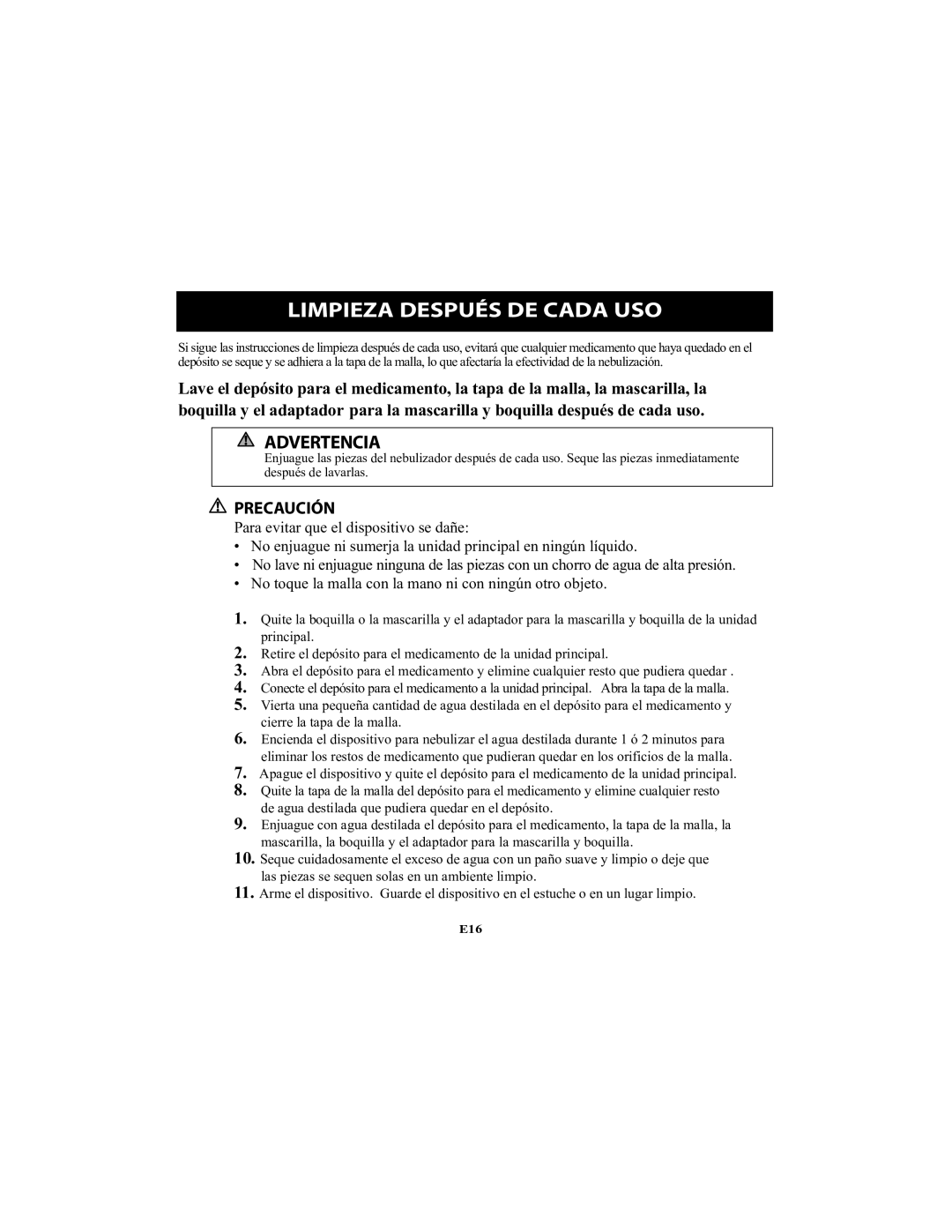 Omron Healthcare NE-U22V instruction manual Limpieza Después DE Cada USO 