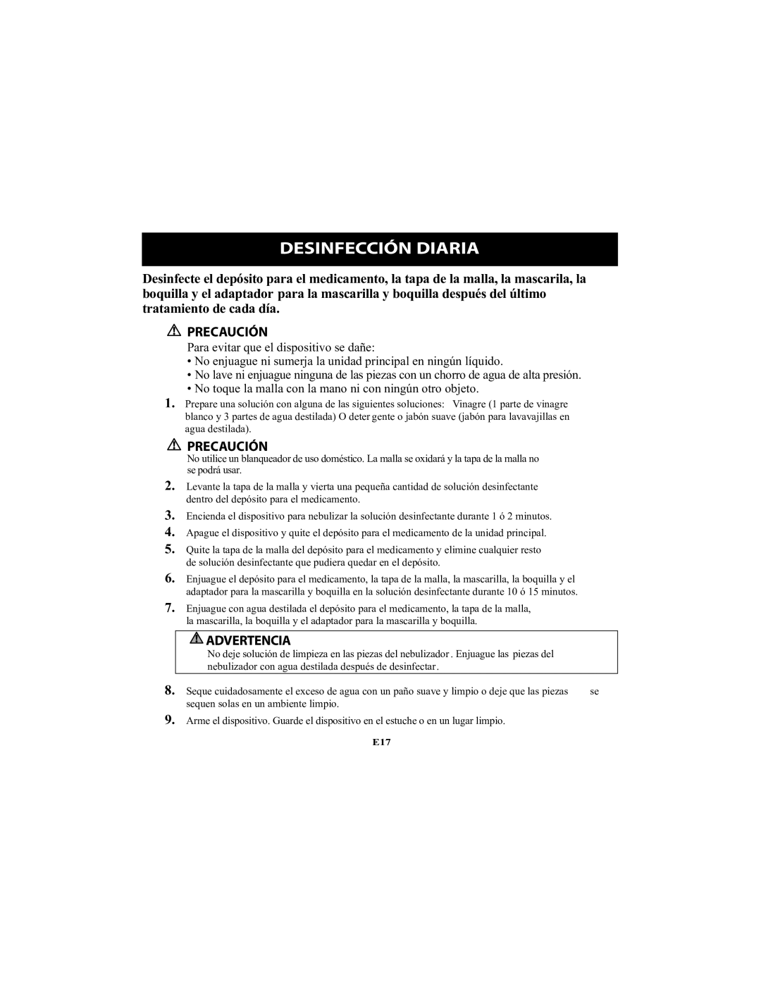 Omron Healthcare NE-U22V instruction manual Desinfección Diaria 