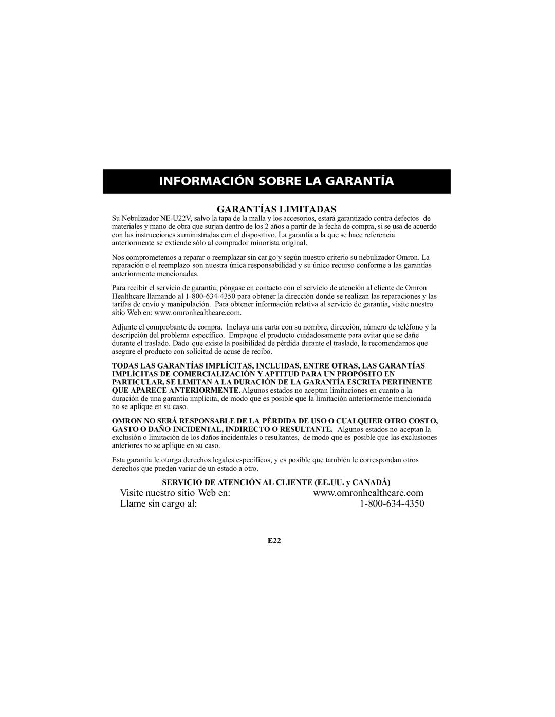 Omron Healthcare NE-U22V instruction manual Información Sobre LA Garantía, Garantías Limitadas 