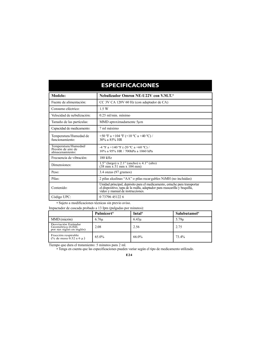 Omron Healthcare instruction manual Especificaciones, Modelo Nebulizador Omron NE-U22V con V.M.T 