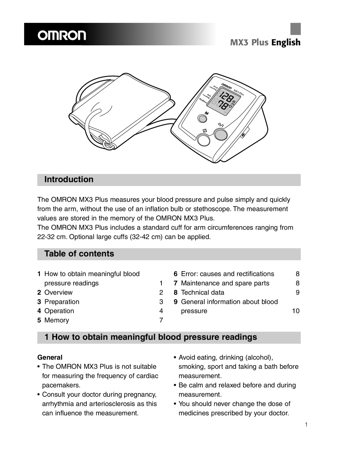 Omron Healthcare OMRON MX3 Plus manual Introduction, Table of contents, How to obtain meaningful blood pressure readings 