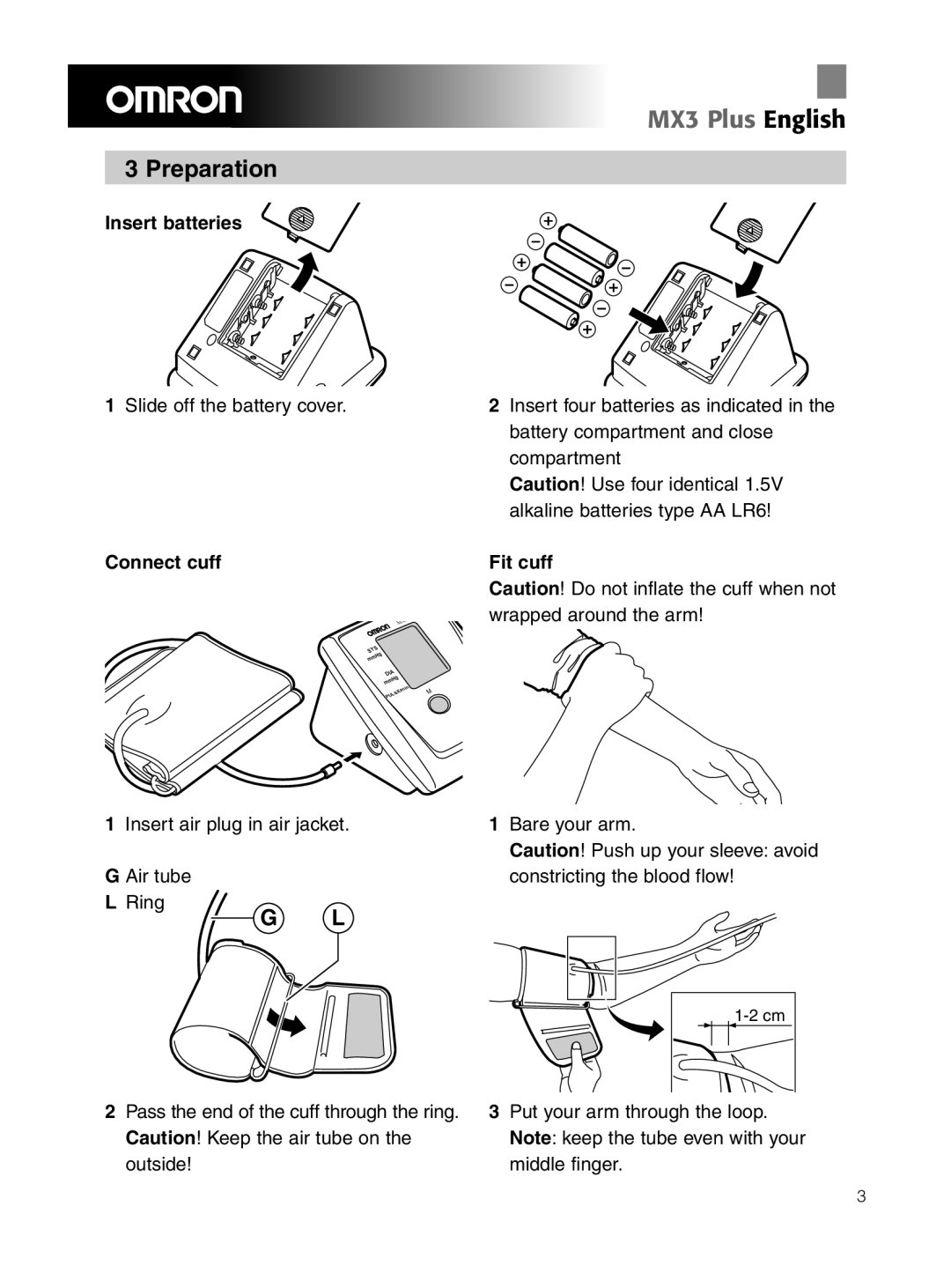 Omron Healthcare OMRON MX3 Plus manual Preparation, Insert batteries, Connect cuff, Fit cuff 