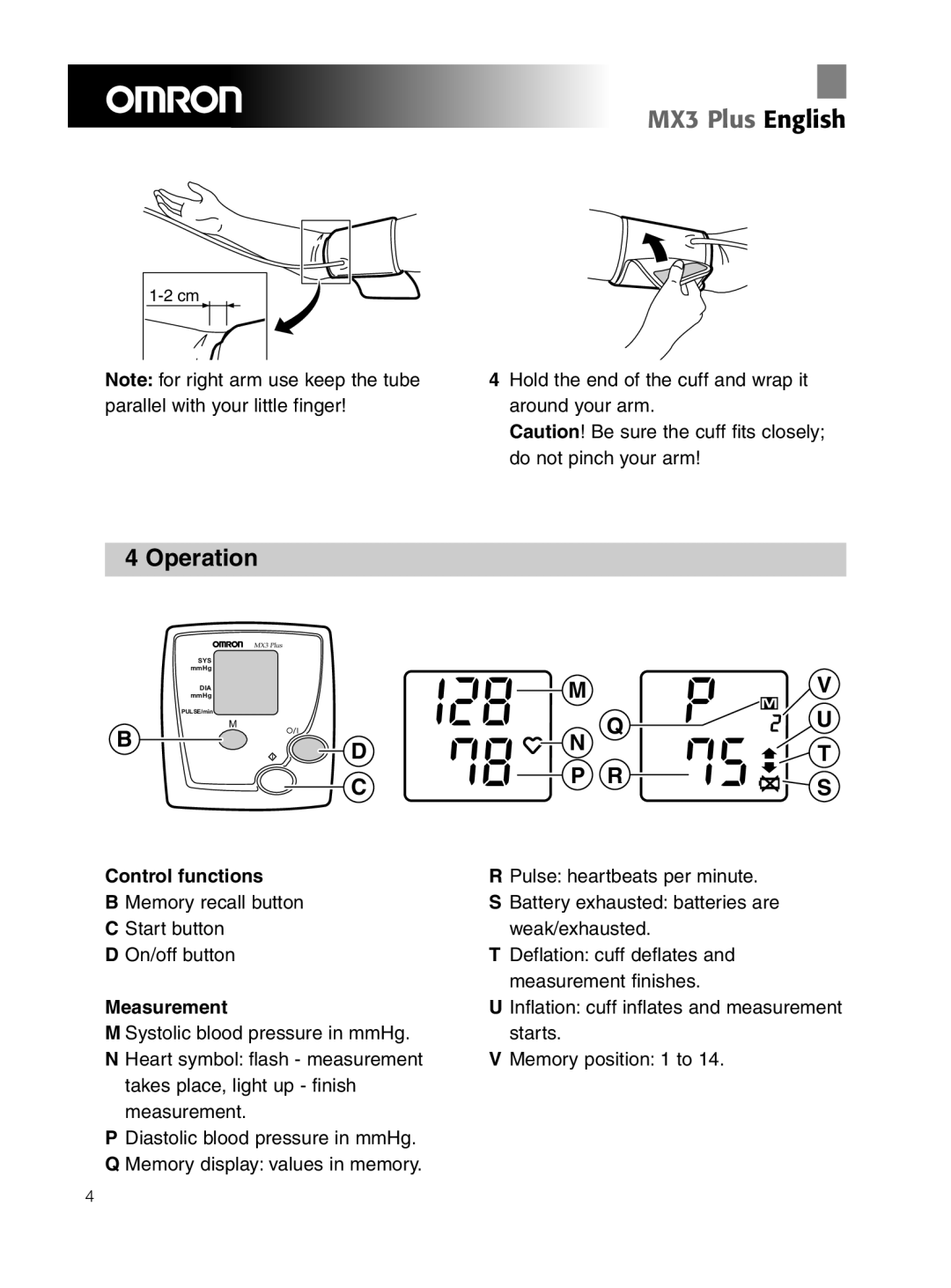 Omron Healthcare OMRON MX3 Plus manual Operation, Control functions, Measurement 