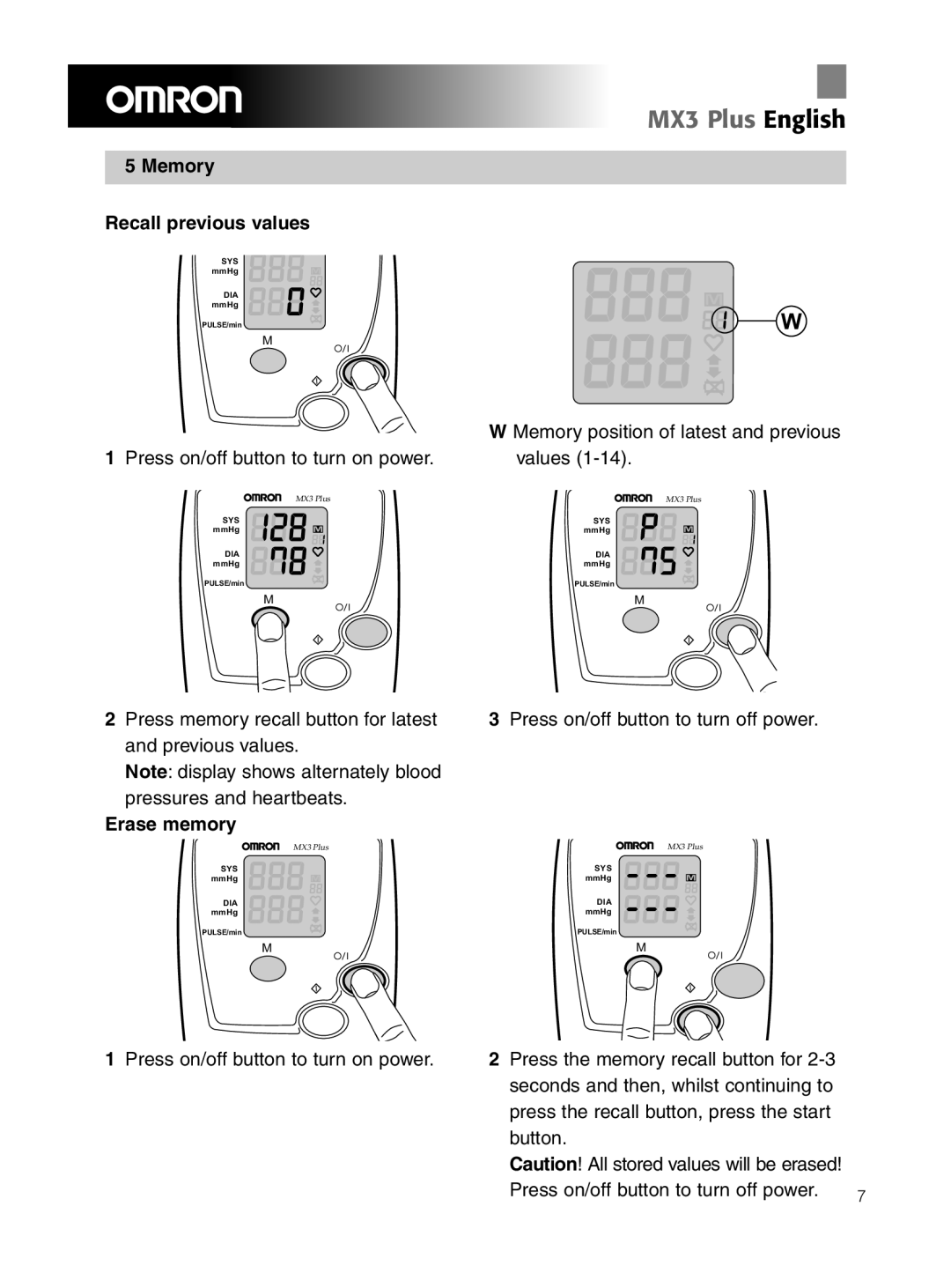 Omron Healthcare OMRON MX3 Plus manual Memory Recall previous values, Erase memory 