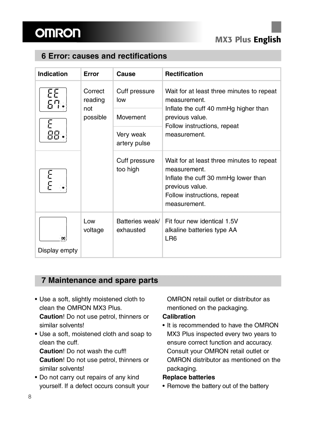 Omron Healthcare OMRON MX3 Plus manual Error causes and rectifications, Maintenance and spare parts, Calibration 