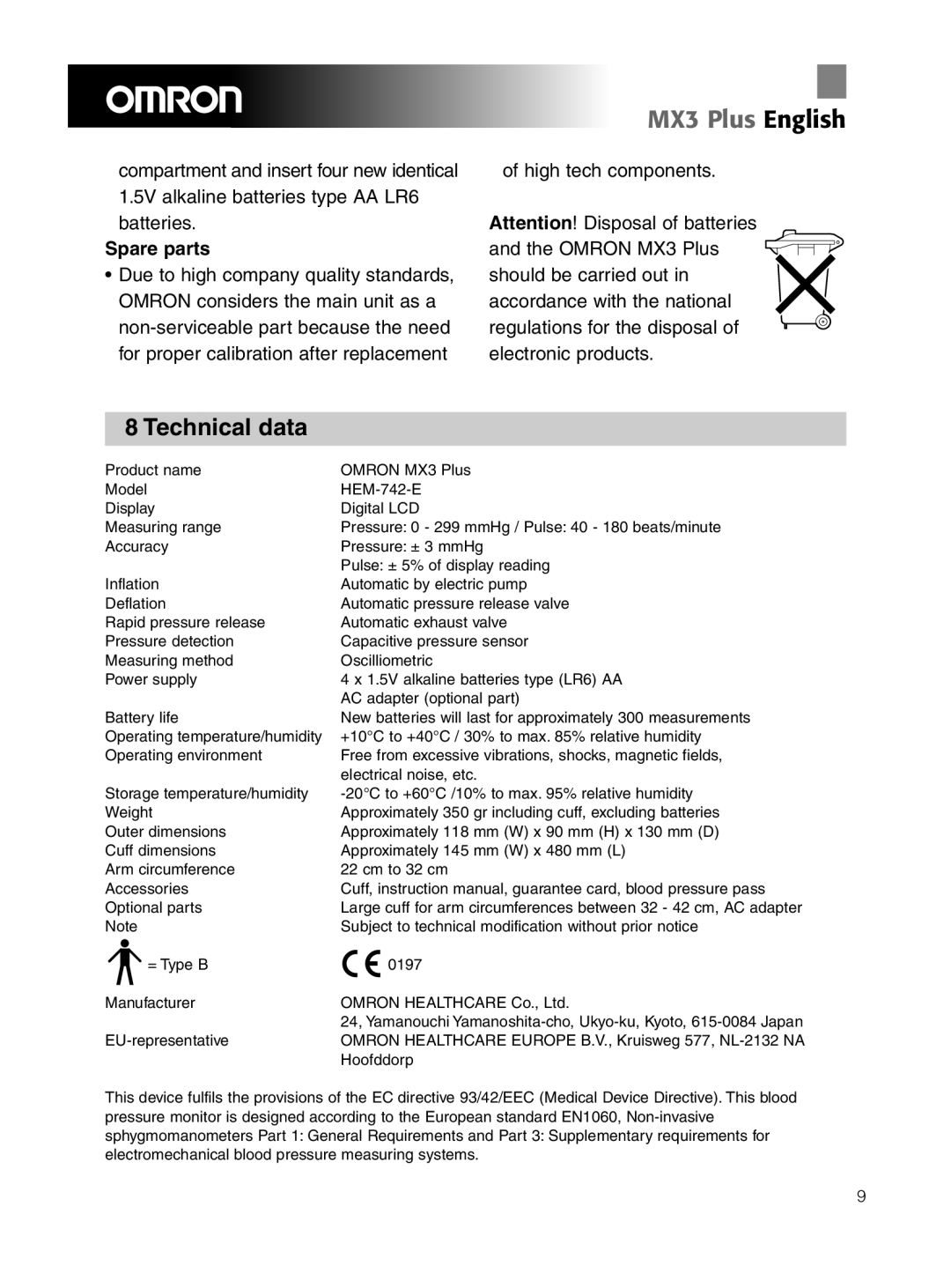 Omron Healthcare OMRON MX3 Plus manual Technical data, Spare parts 