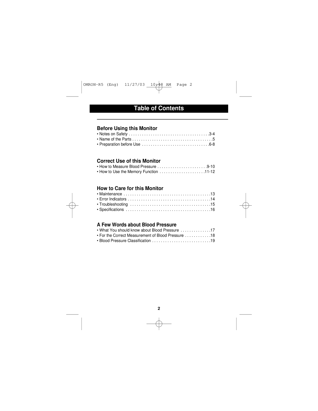 Omron Healthcare R5 instruction manual Table of Contents 