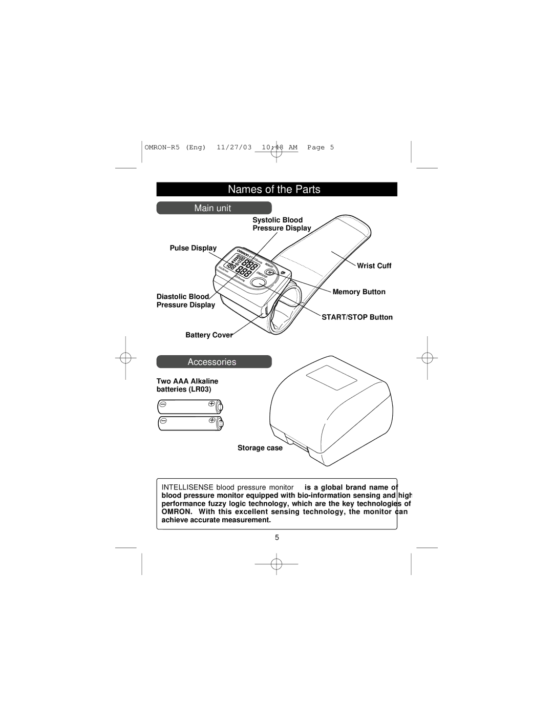 Omron Healthcare R5 instruction manual Names of the Parts, Main unit 