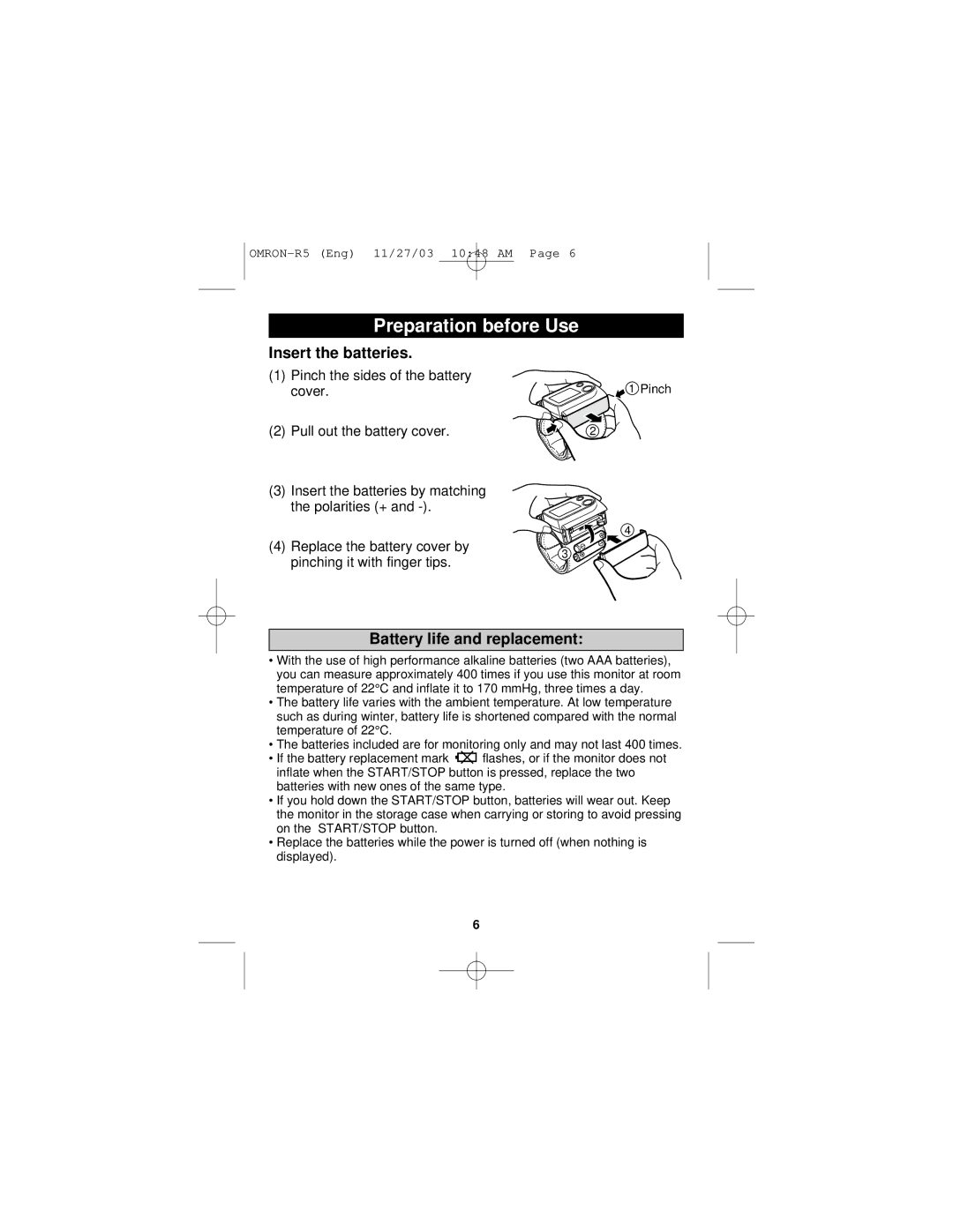 Omron Healthcare R5 instruction manual Preparation before Use, Insert the batteries, Battery life and replacement 