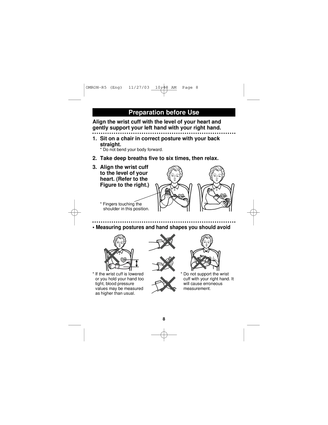 Omron Healthcare R5 instruction manual Measuring postures and hand shapes you should avoid 