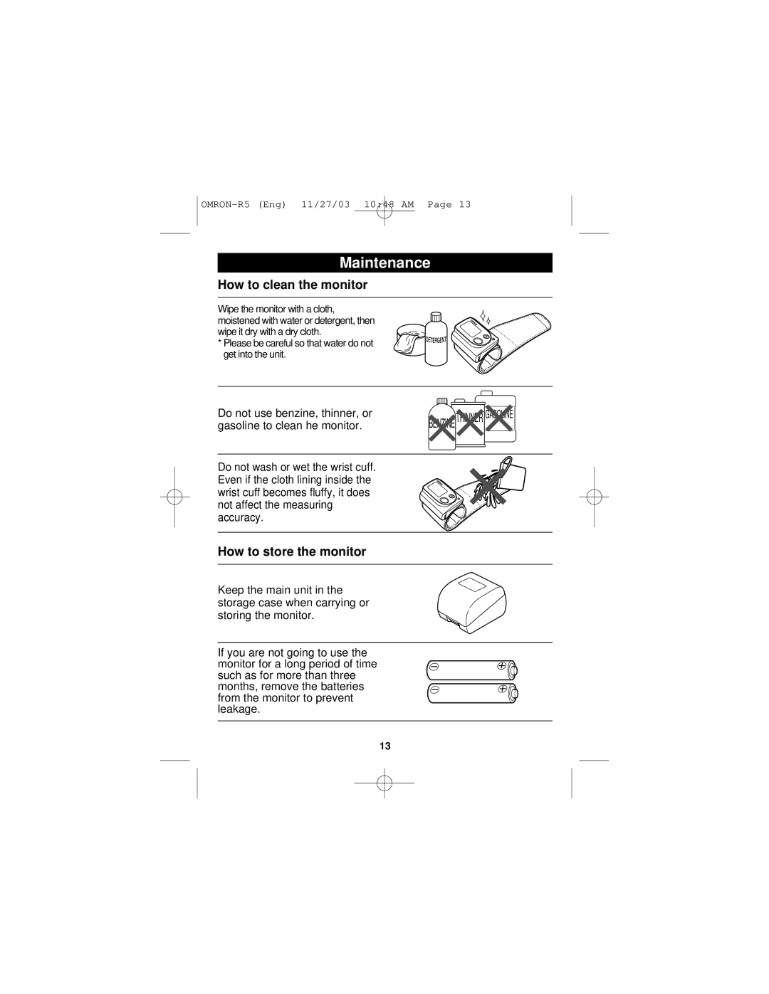 Omron Healthcare R5 instruction manual Maintenance, How to clean the monitor, How to store the monitor 