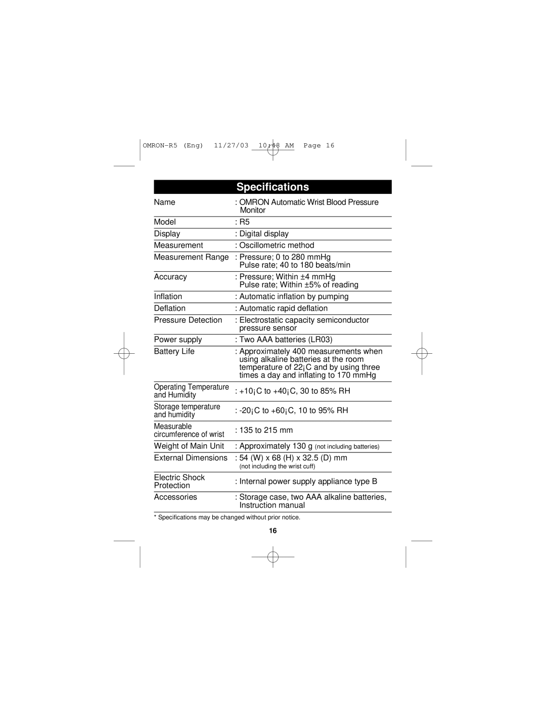 Omron Healthcare R5 instruction manual Specifications 