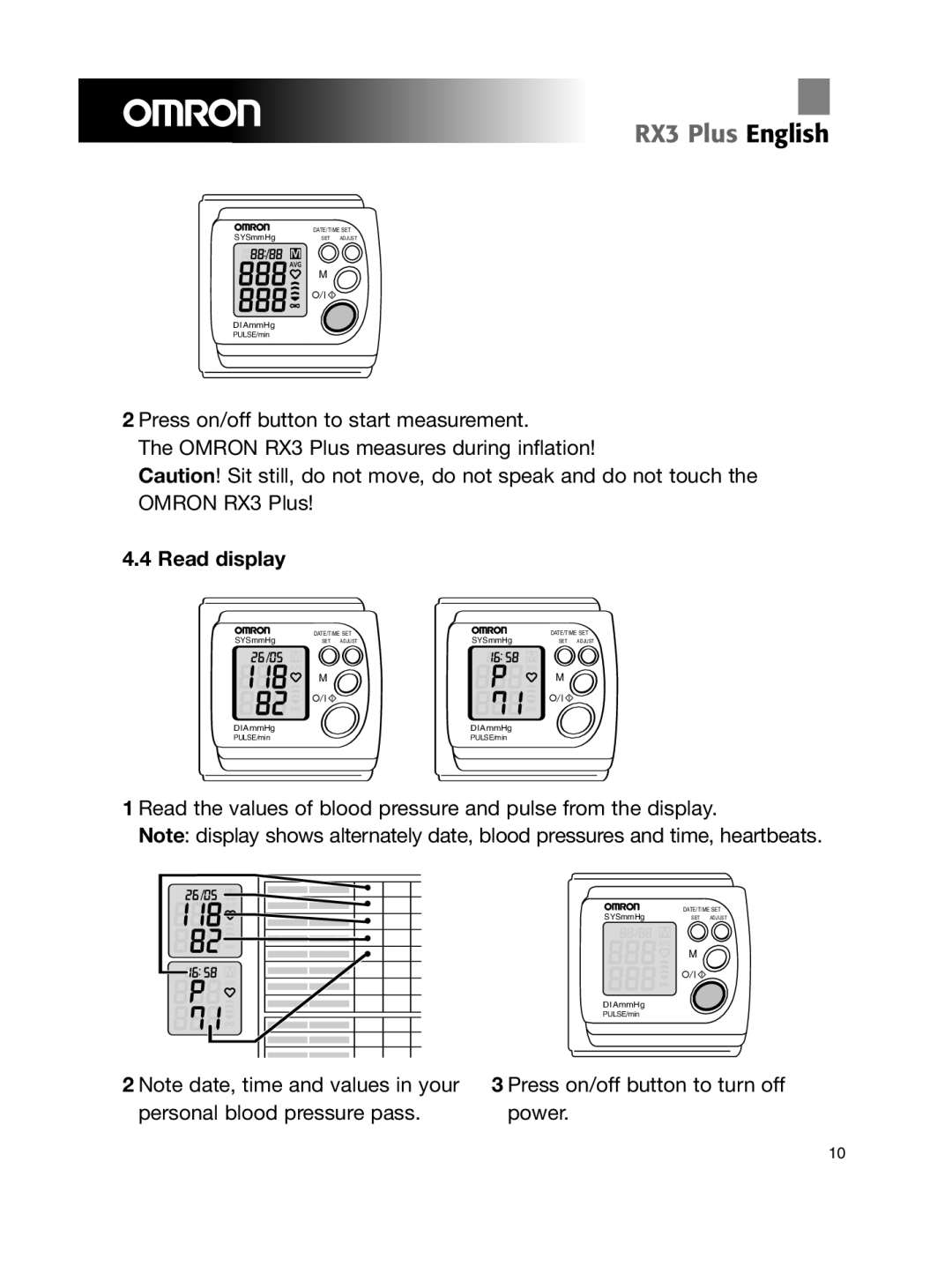 Omron Healthcare RX3 manual Read the values of blood pressure and pulse from the display 