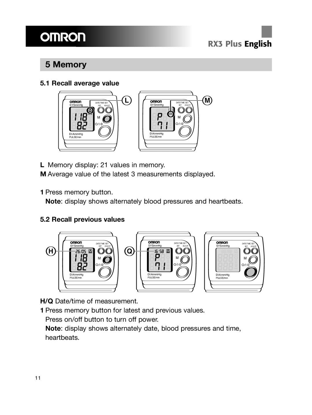 Omron Healthcare RX3 manual Memory, Recall average value 
