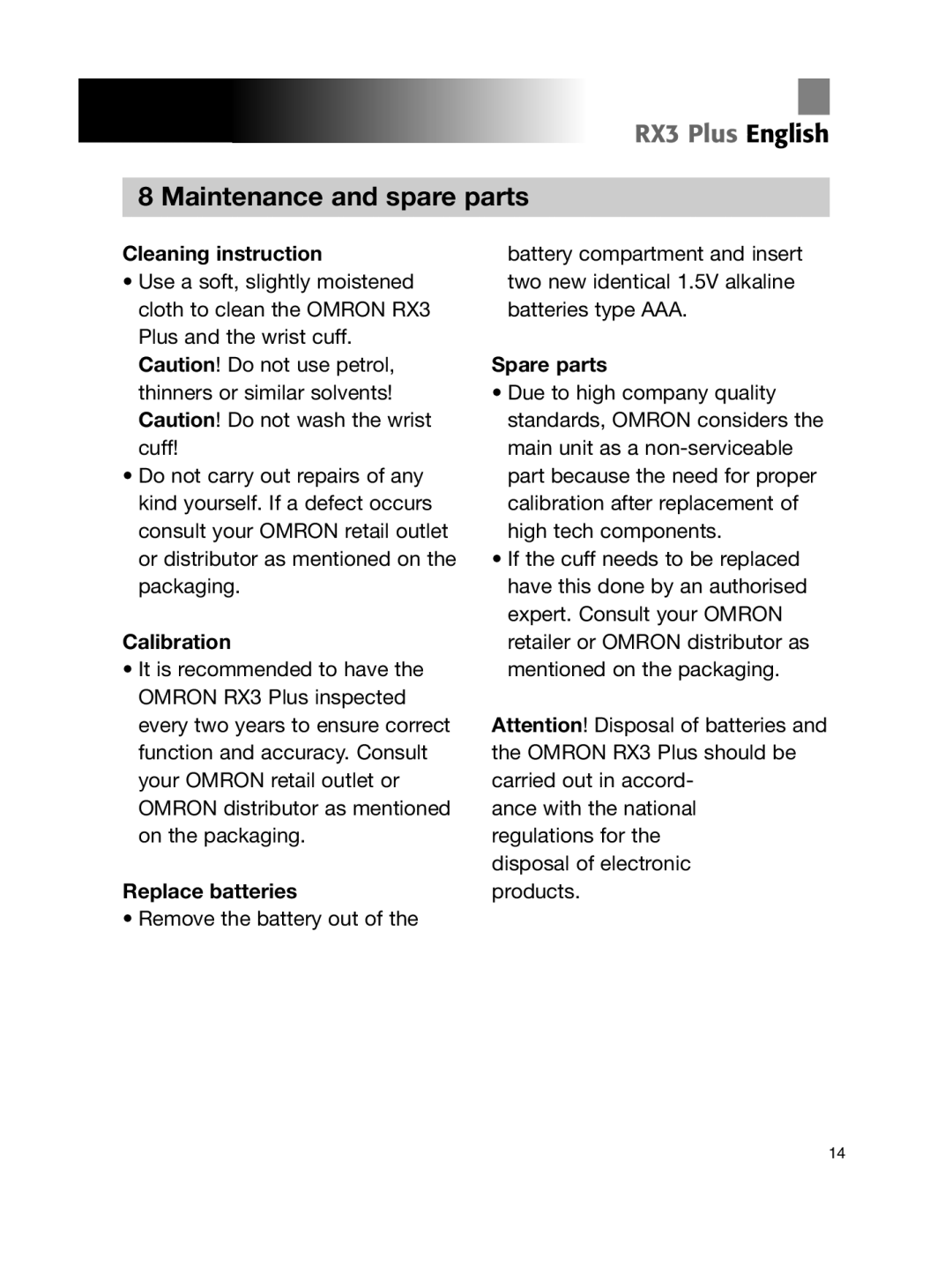 Omron Healthcare RX3 manual Maintenance and spare parts, Cleaning instruction, Calibration, Replace batteries, Spare parts 