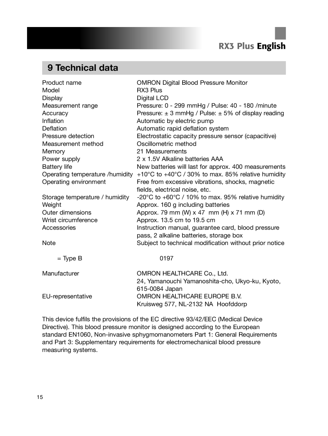 Omron Healthcare RX3 manual Technical data, Omron Healthcare Europe B.V 