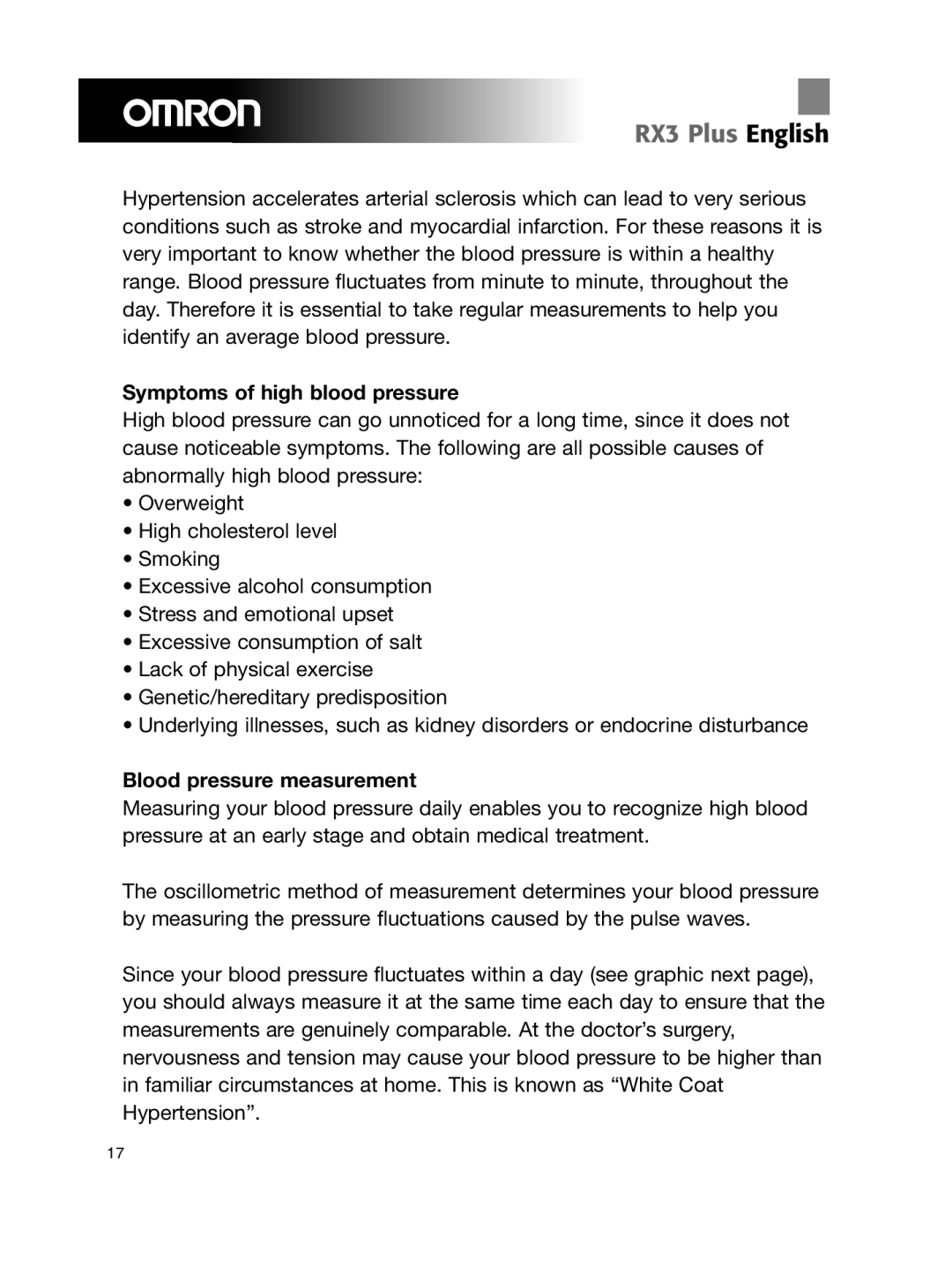 Omron Healthcare RX3 manual Symptoms of high blood pressure, Blood pressure measurement 