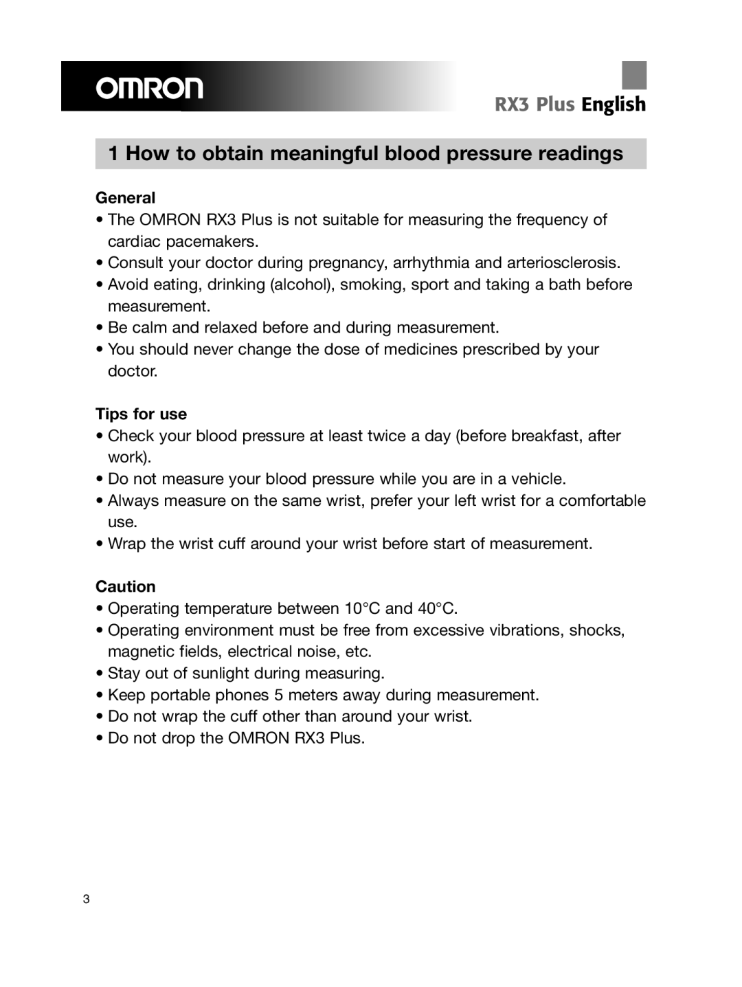 Omron Healthcare RX3 manual How to obtain meaningful blood pressure readings, General, Tips for use 