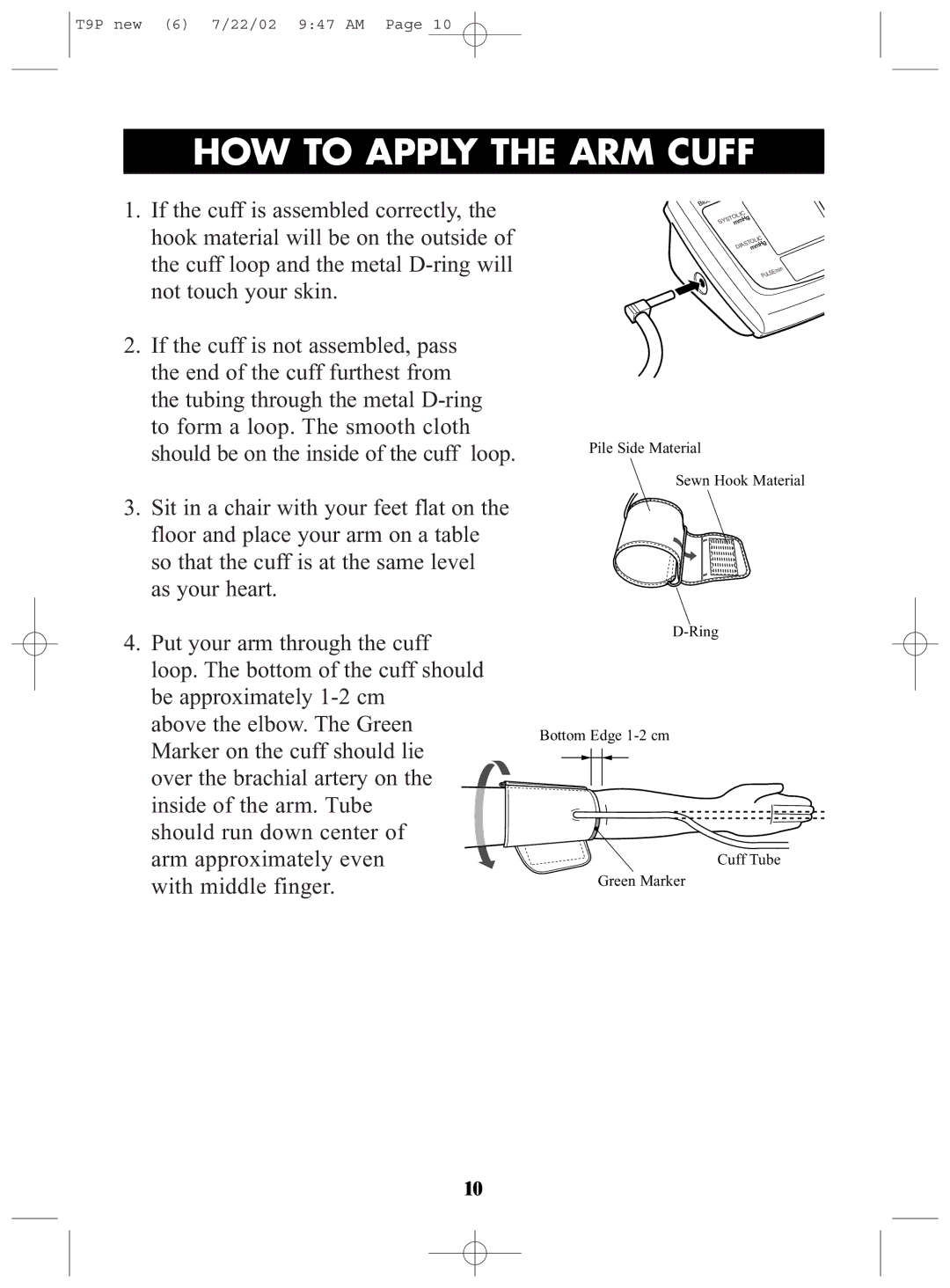 Omron Healthcare T9P instruction manual HOW to Apply the ARM Cuff 