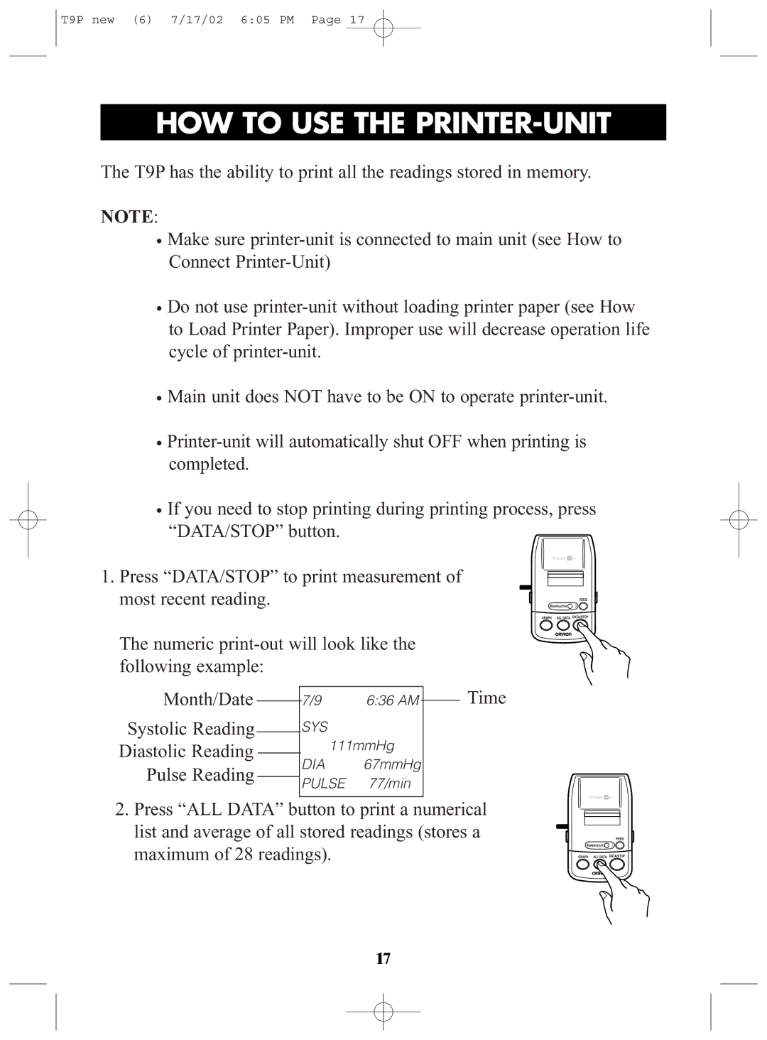 Omron Healthcare T9P instruction manual HOW to USE the PRINTER-UNIT 